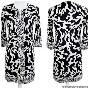 Diane von Furstenberg DVF Silk V Neck 3/4 Sleeve Shift Dress Black White Size 0